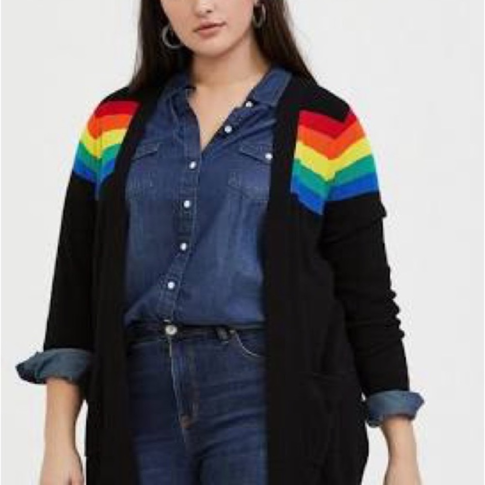 Torrid Black Cardigan with Rainbow Stripes